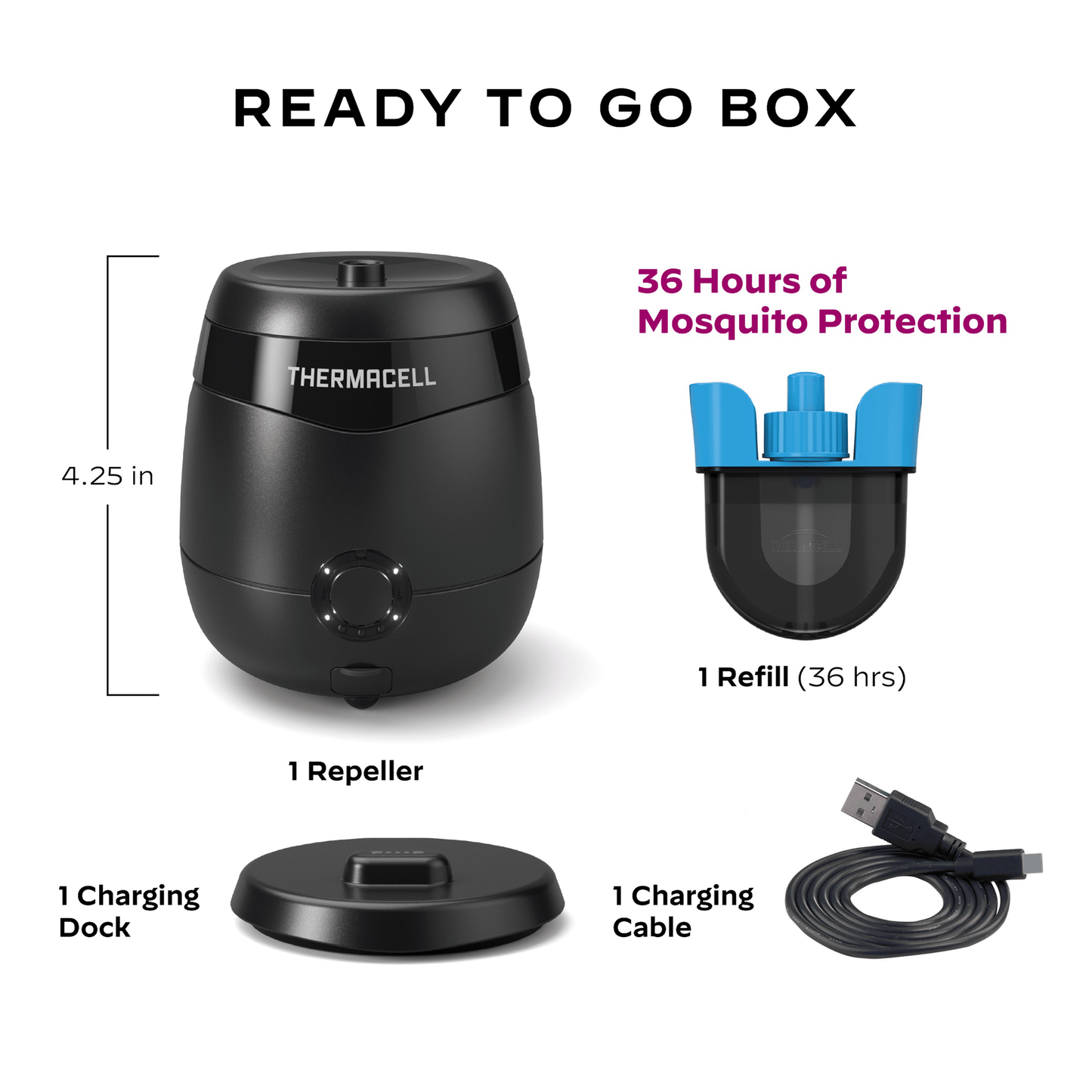 Rechargeable E65 Mosquito Repellent with 36-Hour Refill, Charging Dock, and USB Cable