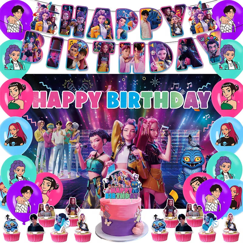 Kpop Demon Birthday Party Decoration Hunter Group Birthday Party Supplies Huntrix Kpop Anime Cake Topper Balloons Hanging Flag