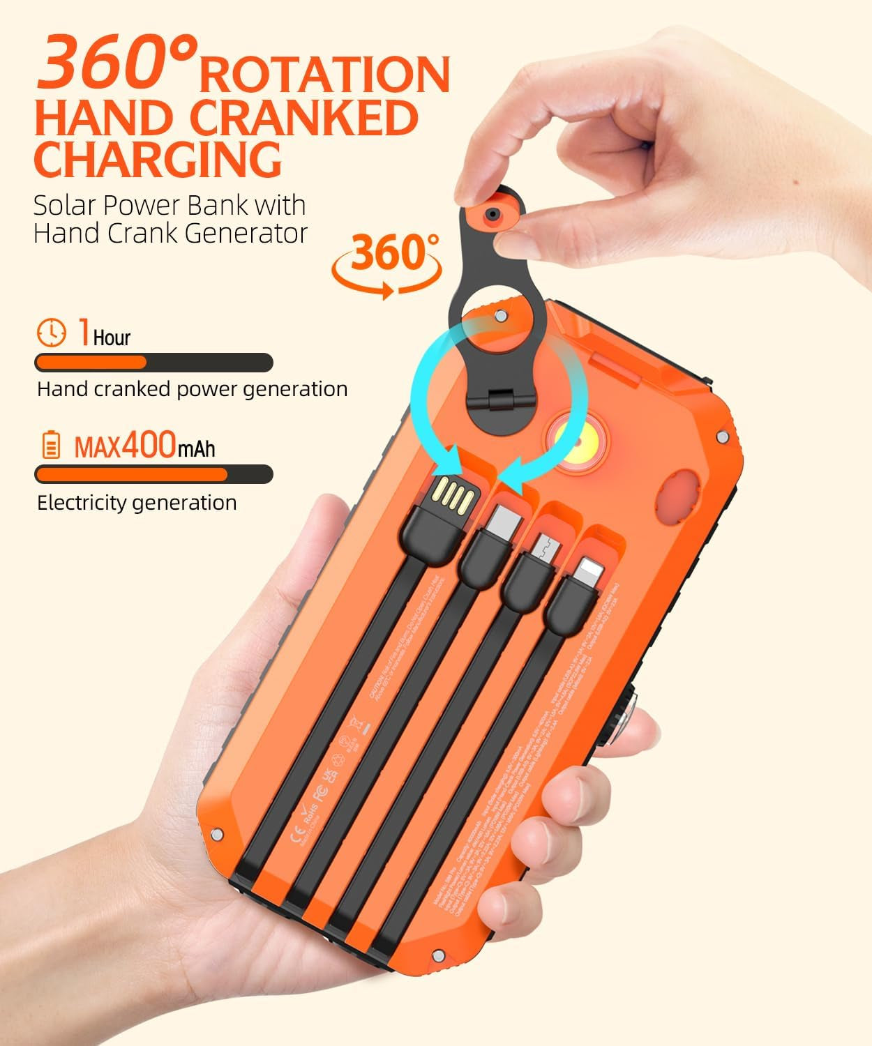 Solar Charger Power Bank 40000Mah Built in 4 Cables and Hand Crank, Portable Cha