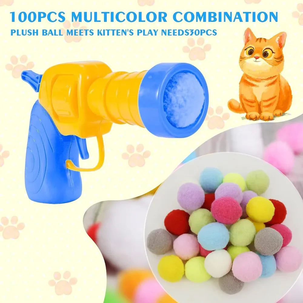 Interactive Plush Ball Shooting Gun Toy for Cats - Mini Pompom Launcher for Self-Play and Indoor Entertainment