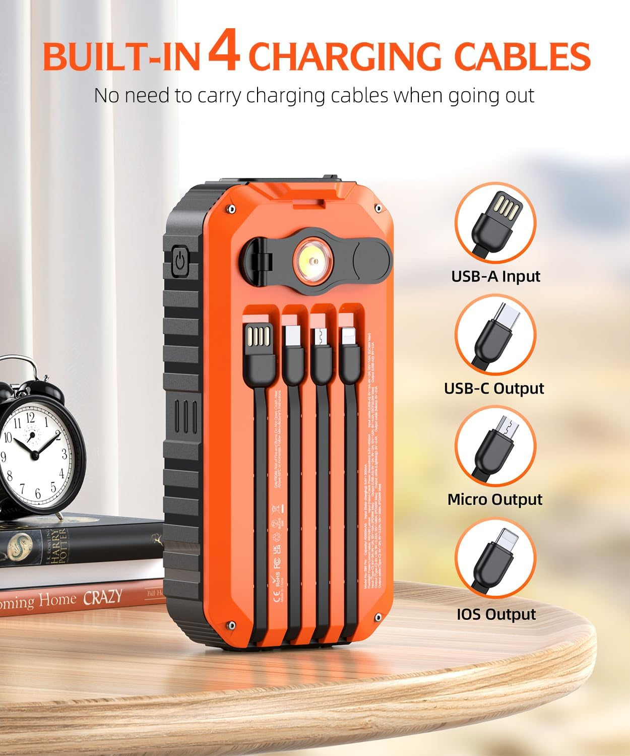 Solar Charger Power Bank 40000Mah Built in 4 Cables and Hand Crank, Portable Cha