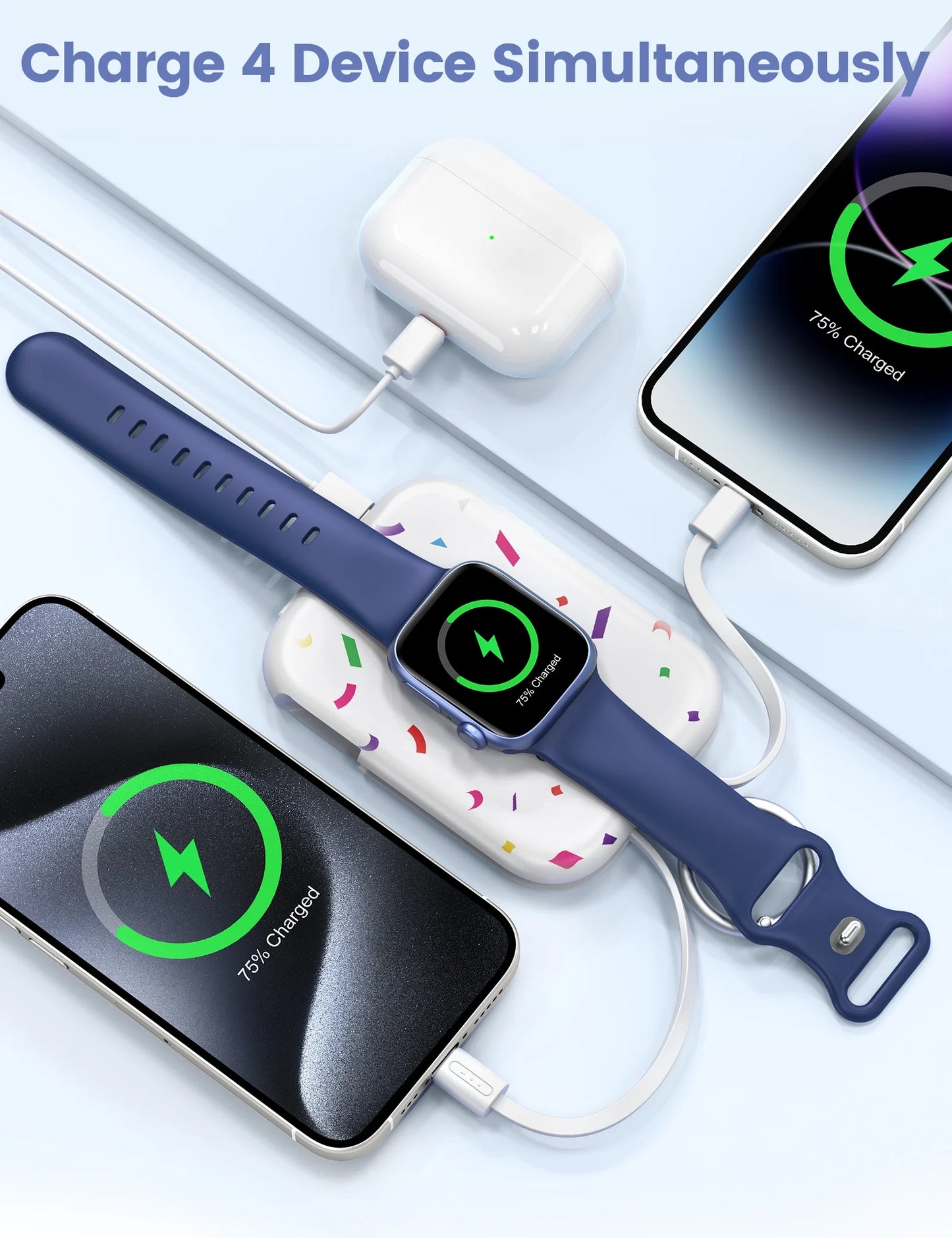 Portable Charger, 5000Mah Power Bank - Apple Watch Charger with Built-In Cables,Travel-Ready Portable Charger for Iphone 17/ 16/15/14 ,Android ,Apple Watch Ultra2/11/10/9/8, Confetti-White