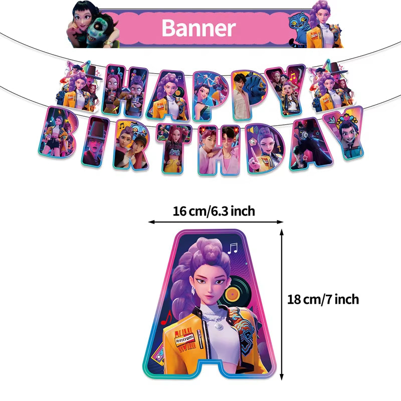 Kpop Demon Birthday Party Decoration Hunter Group Birthday Party Supplies Huntrix Kpop Anime Cake Topper Balloons Hanging Flag