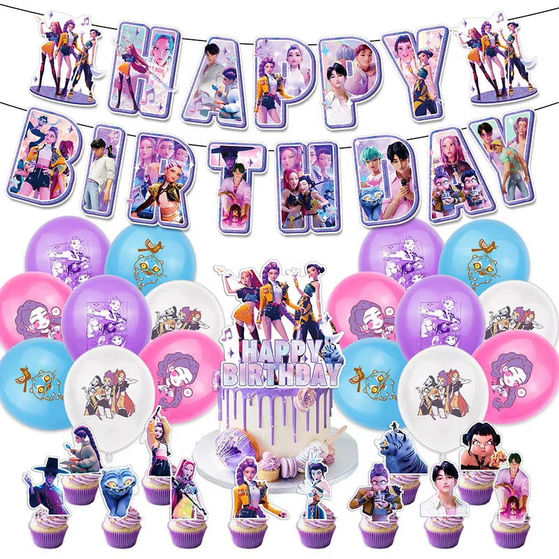 Kpop Demon Birthday Party Decoration Hunter Group Birthday Party Supplies Huntrix Kpop Anime Cake Topper Balloons Hanging Flag