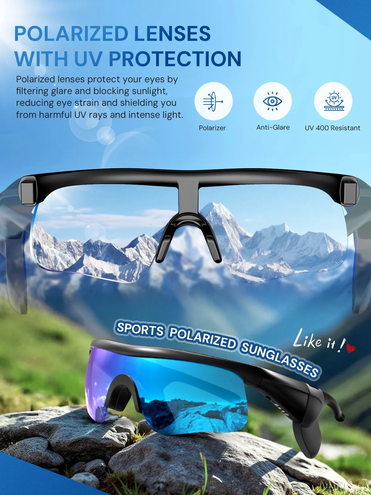 Smart Sunglasses, Bluetooth Cycling Glasses for Men and Women with Built-In Mic, Open-Ear Voice Control, Calling & Music, UV Protection, Magnetic Charging, Running Sunglasses Gifts for Him