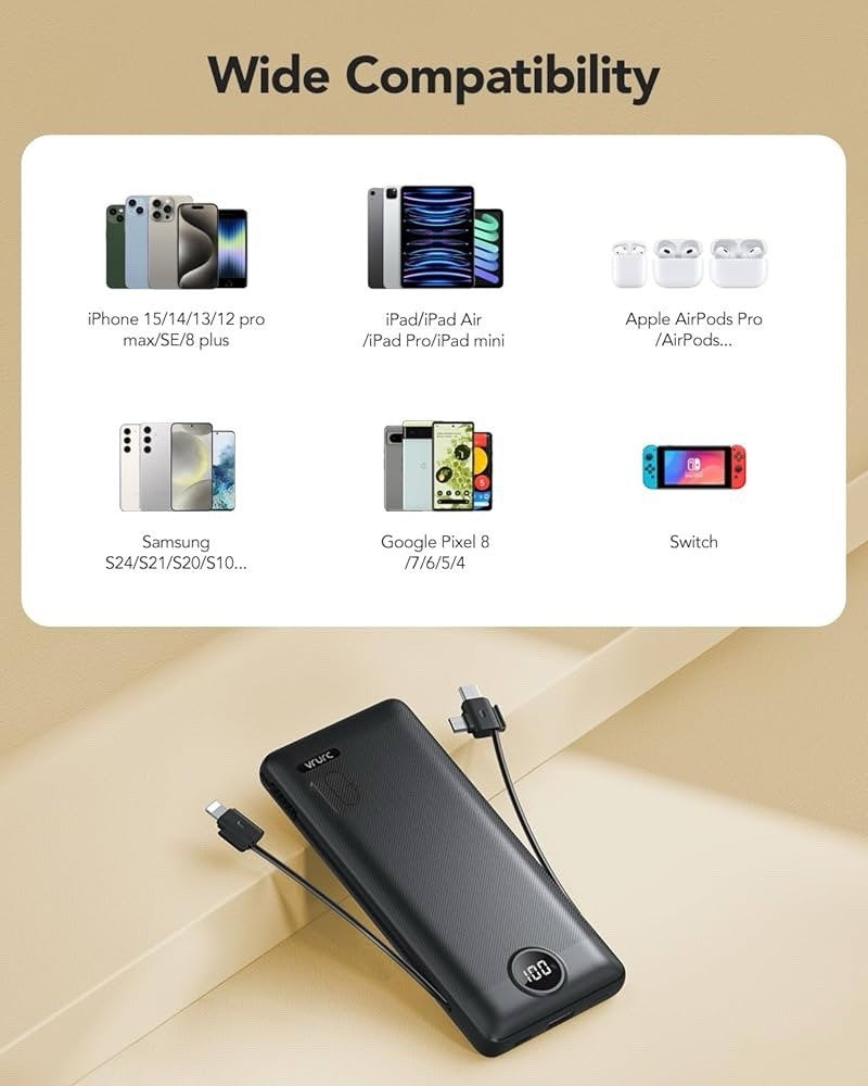 (4Wp)Black VRURC 10000Mah Power Bank Portable Charger Built-In Cables & AC Plug