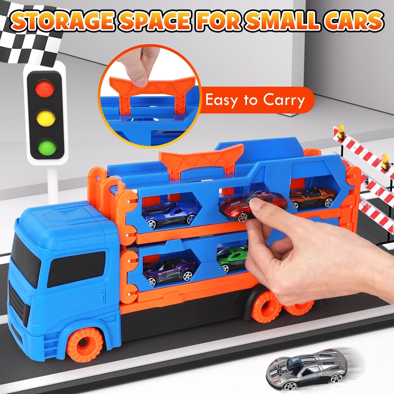 Toy Trucks Cars for Toddlers, Transport Truck Car Toys, Toddler Toys for 2 3 4 Years Old Boys, Carrier Truck Toy Cars for Toddlers with 6 Toy Racing Cars, 61" Race Track, Kids Toys for Boys Girls