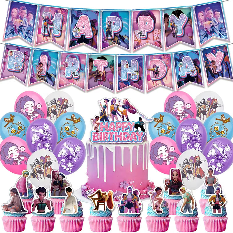 Kpop Demon Birthday Party Decoration Hunter Group Birthday Party Supplies Huntrix Kpop Anime Cake Topper Balloons Hanging Flag