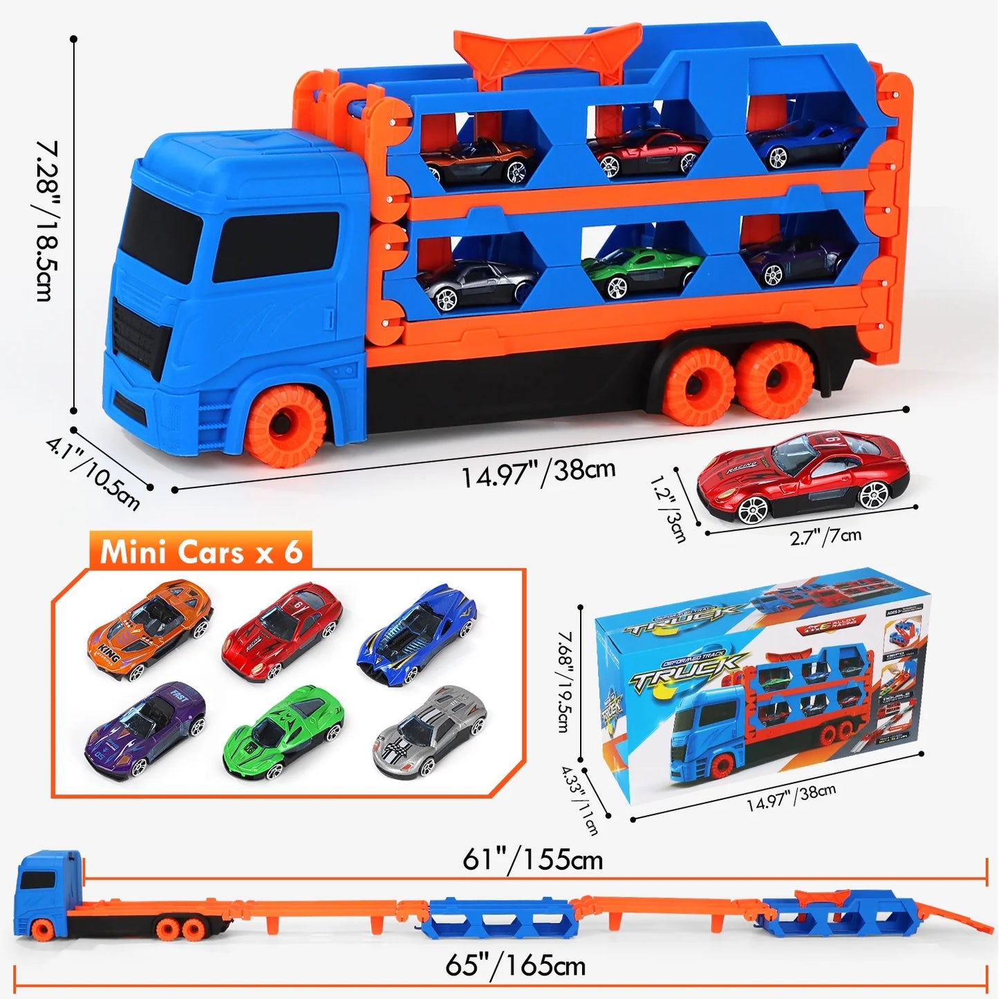 Toy Trucks Cars for Toddlers, Transport Truck Car Toys, Toddler Toys for 2 3 4 Years Old Boys, Carrier Truck Toy Cars for Toddlers with 6 Toy Racing Cars, 61" Race Track, Kids Toys for Boys Girls