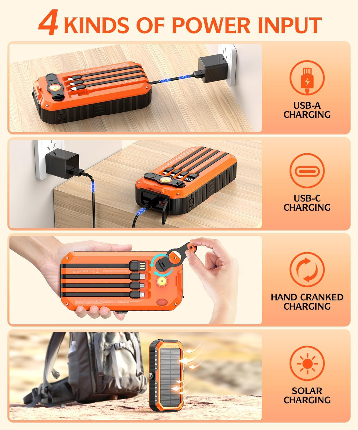 Solar Charger Power Bank 40000Mah Built in 4 Cables and Hand Crank, Portable Cha