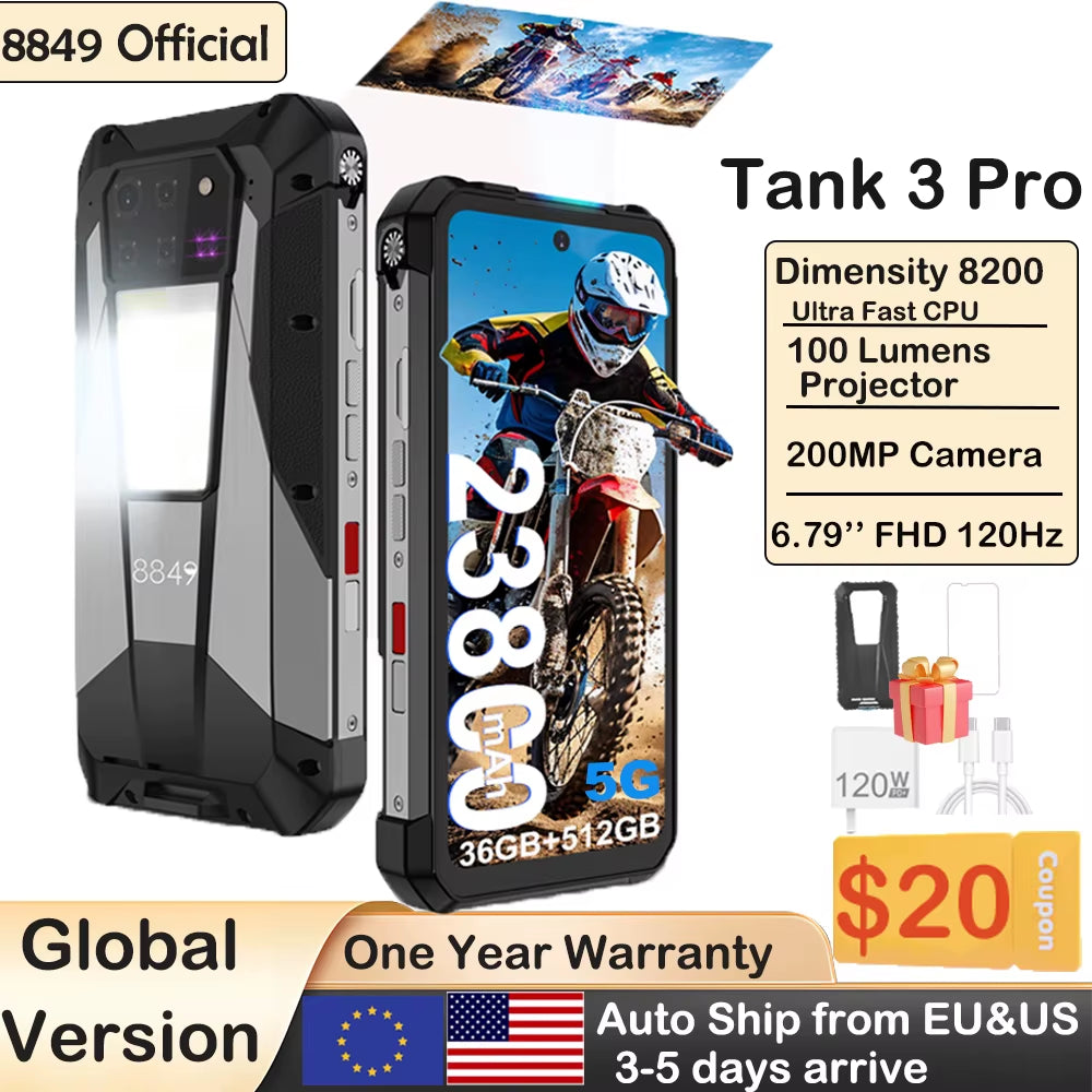 Tank 3 Pro Unihertz Rugged Projector Smartphone 23800Mah 5G Android14 Outdoor Phone 512GB+36GB 120W Fast Charging Dual Sim