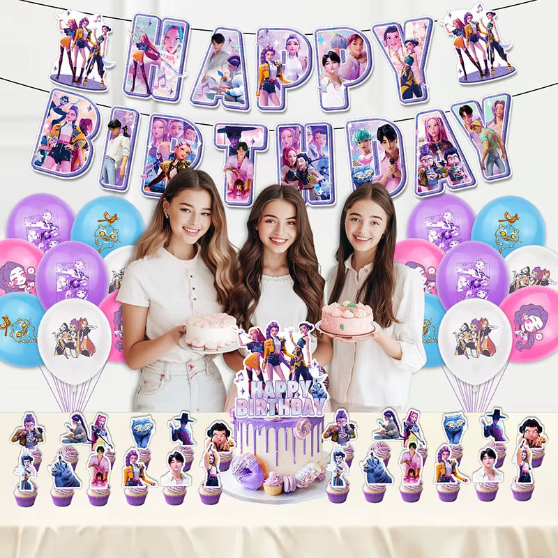 Kpop Demon Birthday Party Decoration Hunter Group Birthday Party Supplies Huntrix Kpop Anime Cake Topper Balloons Hanging Flag
