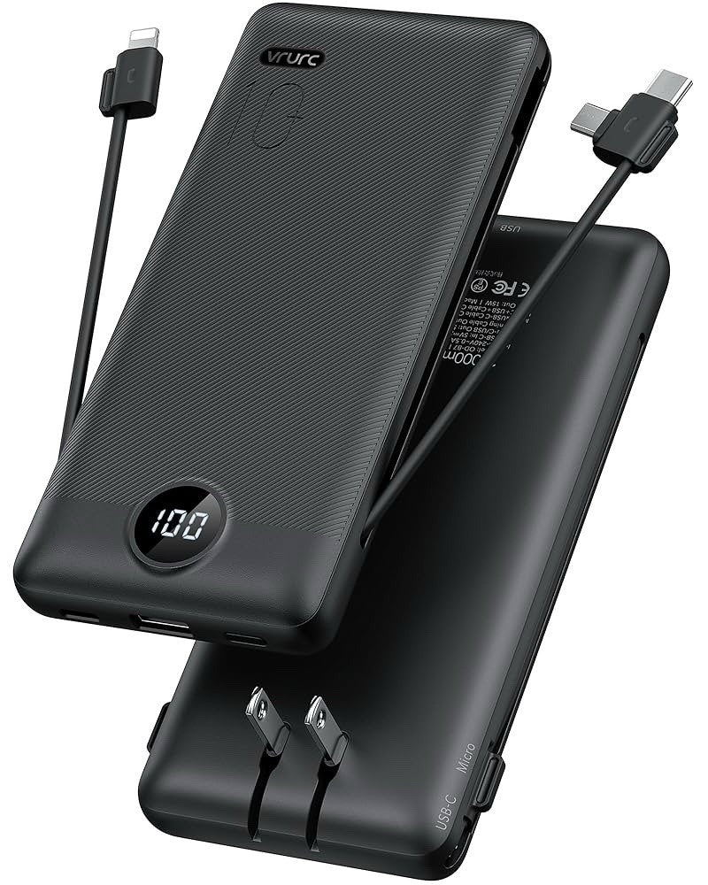(4Wp)Black VRURC 10000Mah Power Bank Portable Charger Built-In Cables & AC Plug