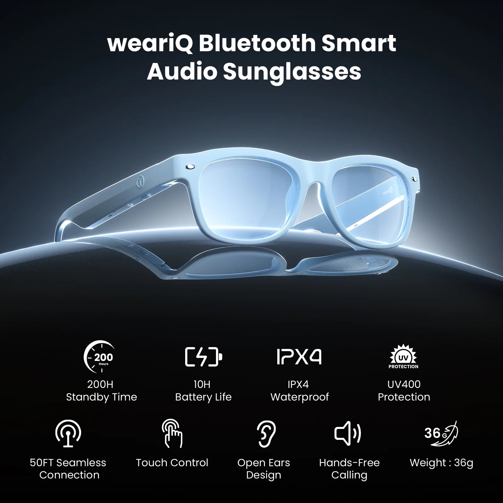 Weariq Bluetooth Smart Glasses – Dusty Blue Audio Sunglasses – Blue Polarized Lenses, Open-Ear Speaker, 10-Hour Playtime, Hands-Free Calls, Voice Assistant