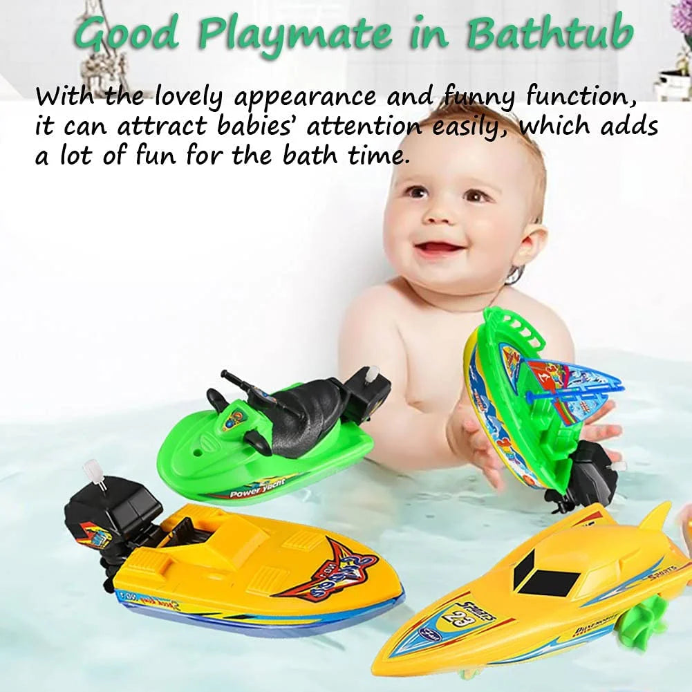 Set, 4 Pack Bathtub Boat Toy Speed Boat Toy Pull and Go Yacht Water Toy Motorboat Bath Toy Tub Toy for Kids (Random Color)