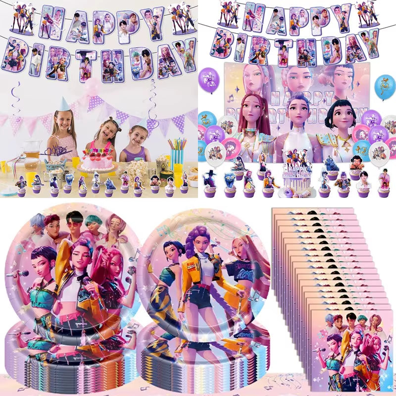Kpop Demon Birthday Party Decoration Hunter Group Birthday Party Supplies Huntrix Kpop Anime Cake Topper Balloons Hanging Flag