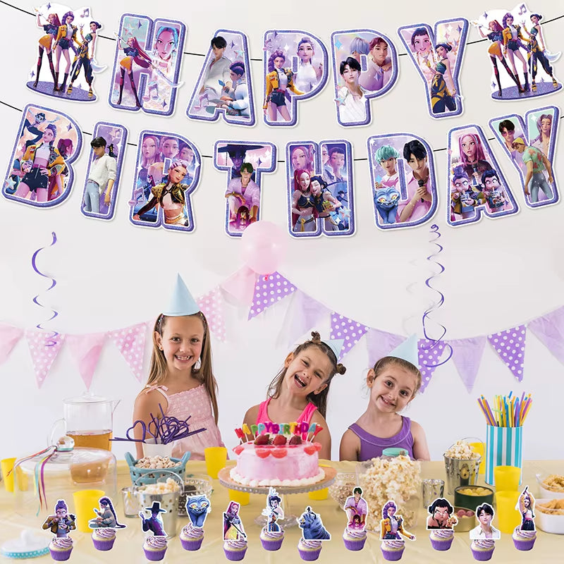 Kpop Demon Birthday Party Decoration Hunter Group Birthday Party Supplies Huntrix Kpop Anime Cake Topper Balloons Hanging Flag