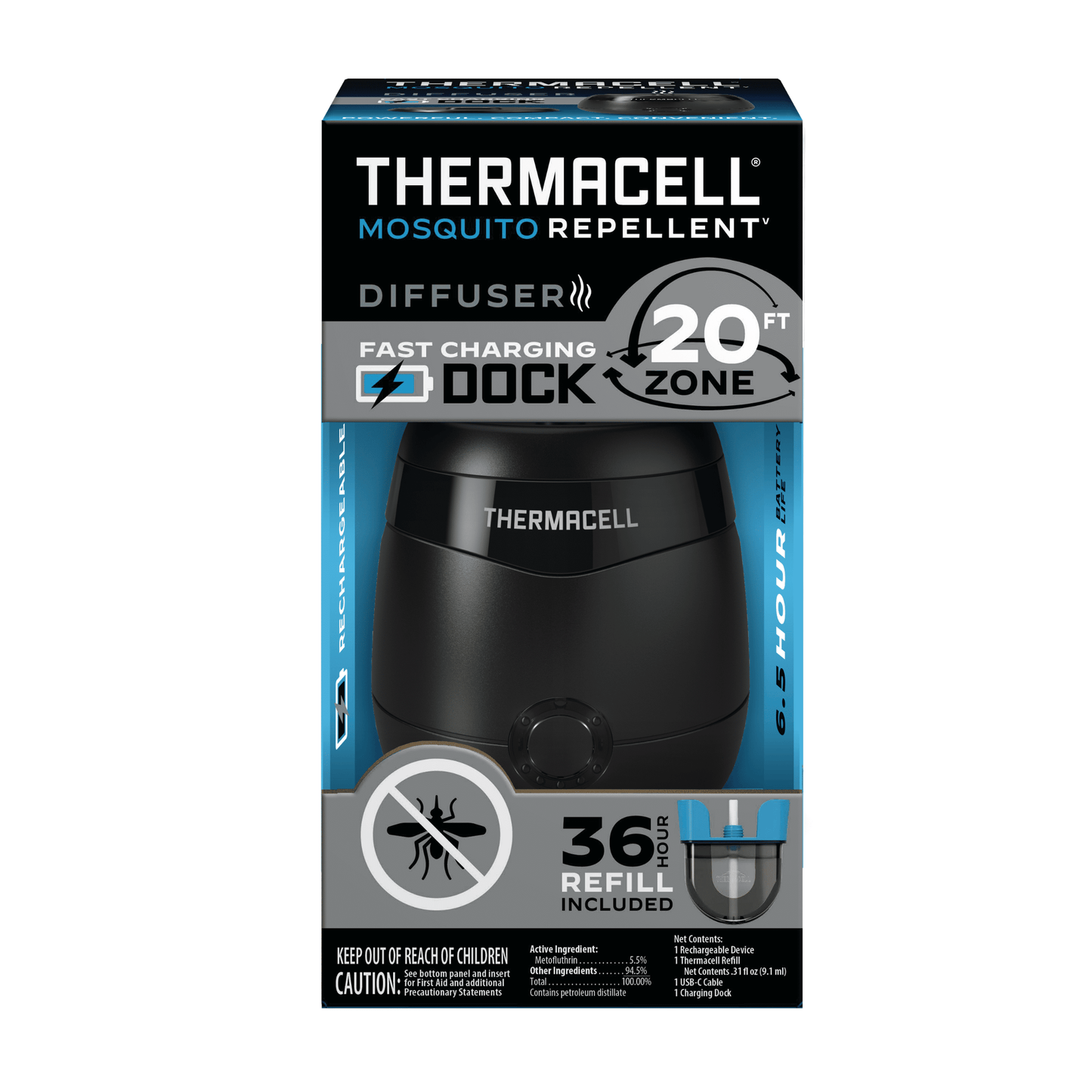 Rechargeable E65 Mosquito Repellent with 36-Hour Refill, Charging Dock, and USB Cable