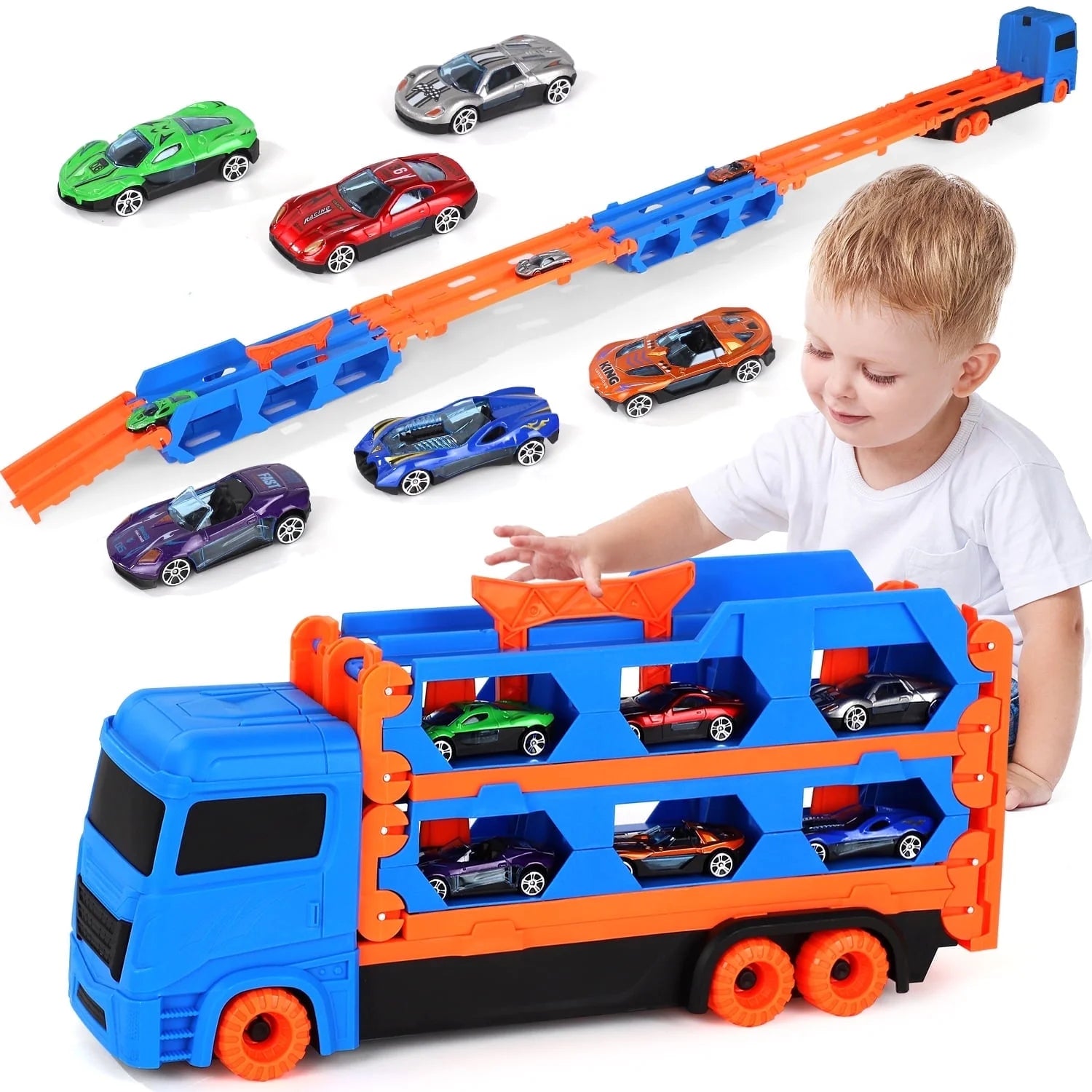 Toy Trucks Cars for Toddlers, Transport Truck Car Toys, Toddler Toys for 2 3 4 Years Old Boys, Carrier Truck Toy Cars for Toddlers with 6 Toy Racing Cars, 61" Race Track, Kids Toys for Boys Girls