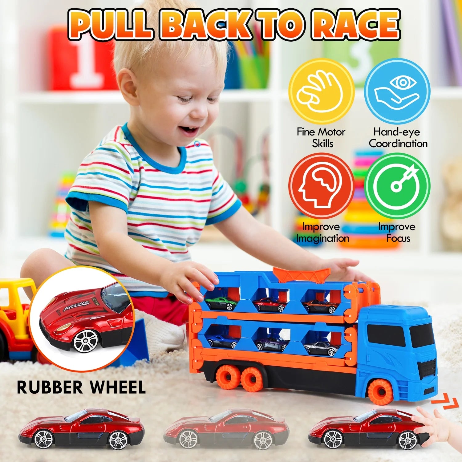 Toy Trucks Cars for Toddlers, Transport Truck Car Toys, Toddler Toys for 2 3 4 Years Old Boys, Carrier Truck Toy Cars for Toddlers with 6 Toy Racing Cars, 61" Race Track, Kids Toys for Boys Girls