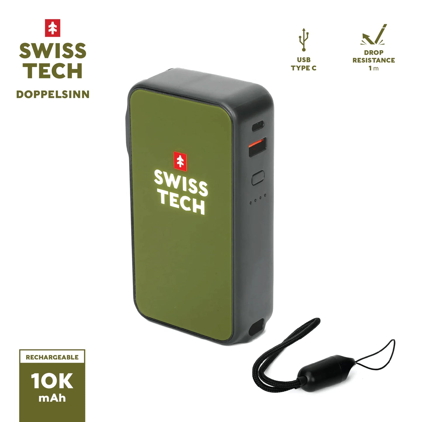 10000 Mah Portable Power Bank, 20W Fast Charge, Built-In Lanyard Charging Cord