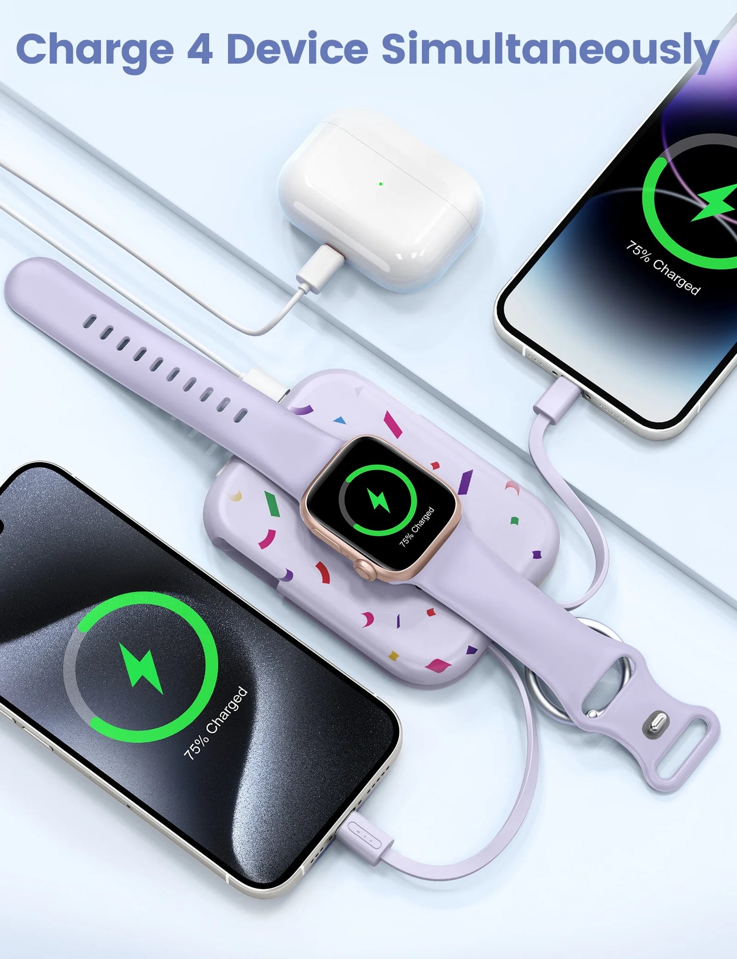 Portable Charger, 5000Mah Power Bank - Apple Watch Charger with Built-In Cables,Travel-Ready Portable Charger for Iphone 17/ 16/15/14 ,Android ,Apple Watch Ultra2/11/10/9/8, Confetti-Purple