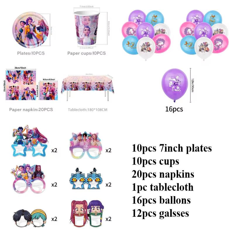 Kpop Demon Birthday Party Decoration Hunter Group Birthday Party Supplies Huntrix Kpop Anime Cake Topper Balloons Hanging Flag