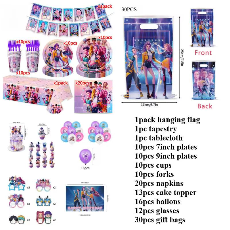 Kpop Demon Birthday Party Decoration Hunter Group Birthday Party Supplies Huntrix Kpop Anime Cake Topper Balloons Hanging Flag