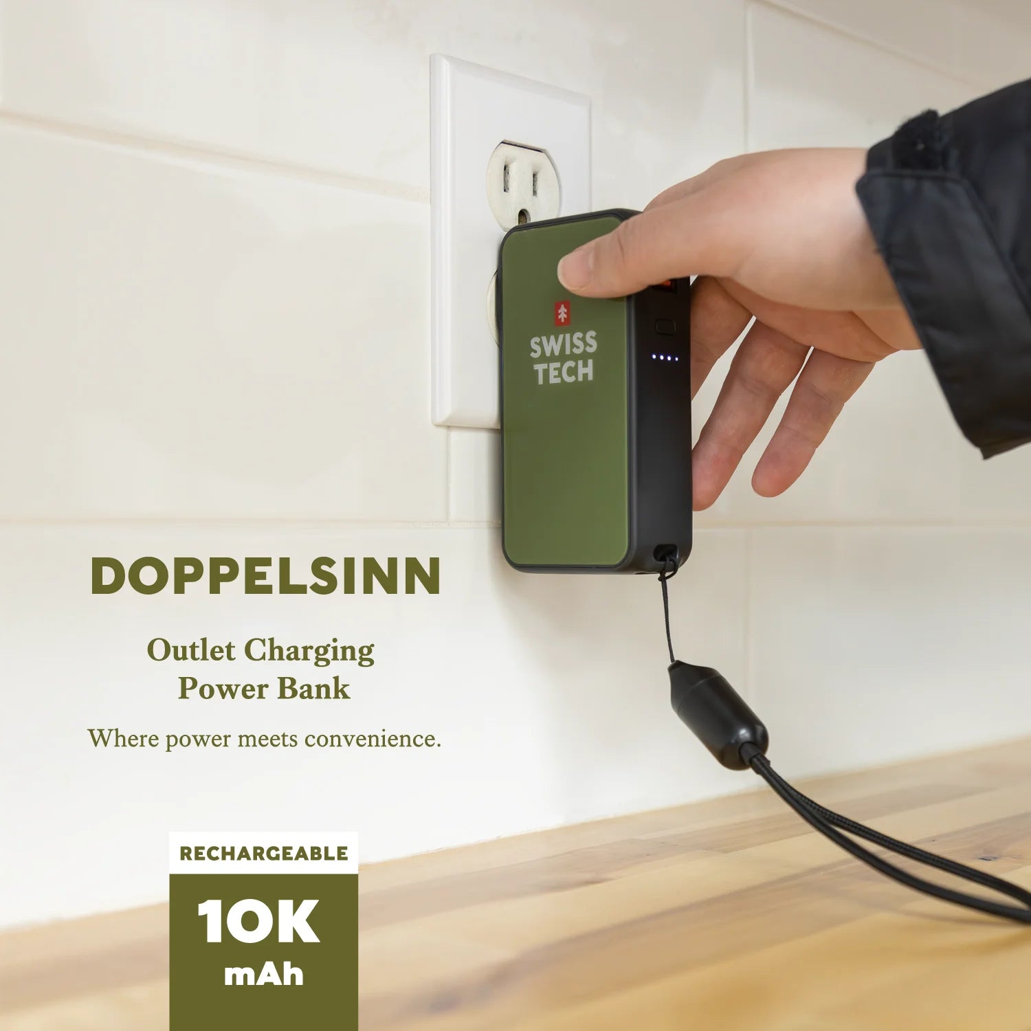 10000 Mah Portable Power Bank, 20W Fast Charge, Built-In Lanyard Charging Cord