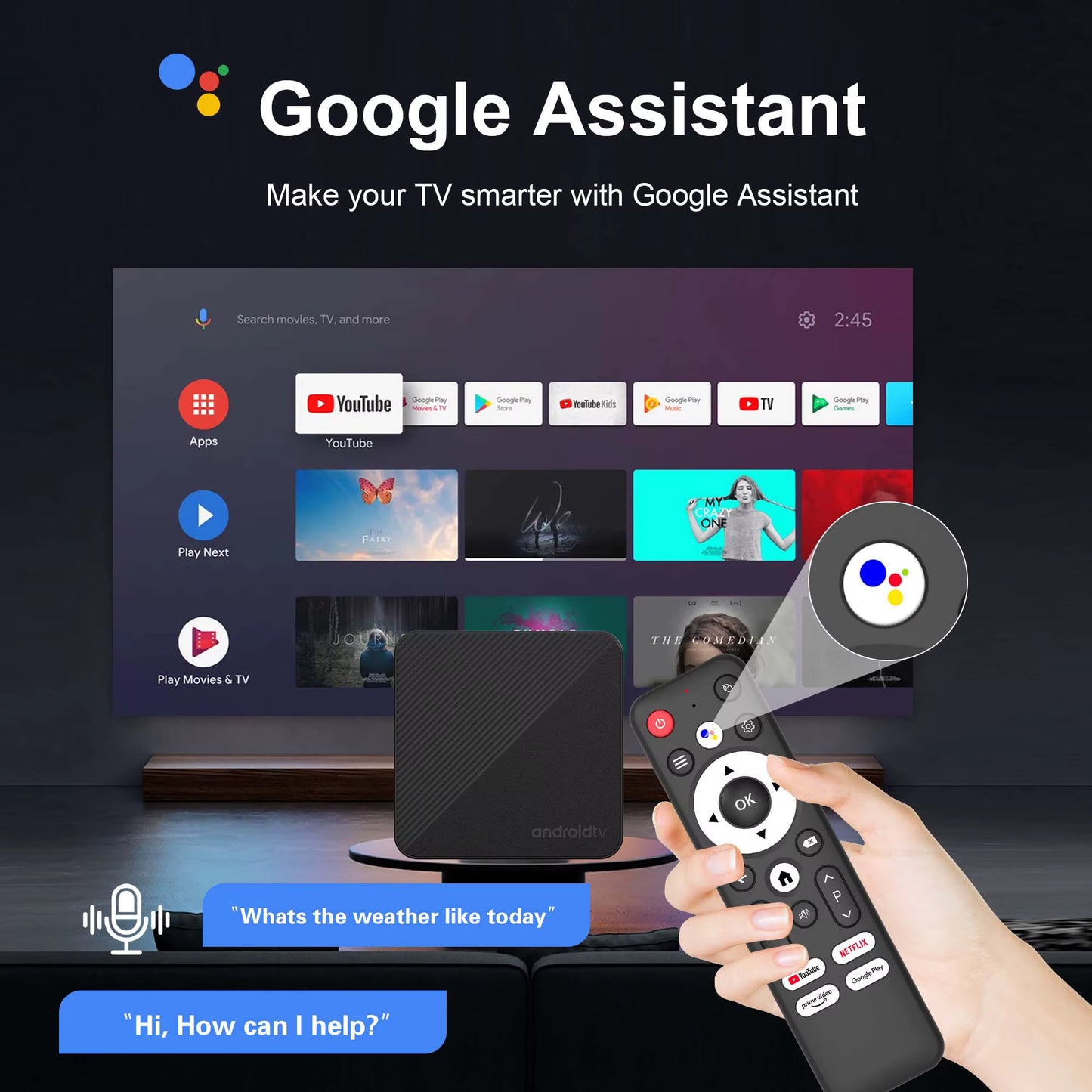 Android14 TV Box Smart 4K Home Theater T1S Allwinnerh313 Netflix Youtube Wifi6 1000M Lan Bluetooth Chromecast Voice Assistant