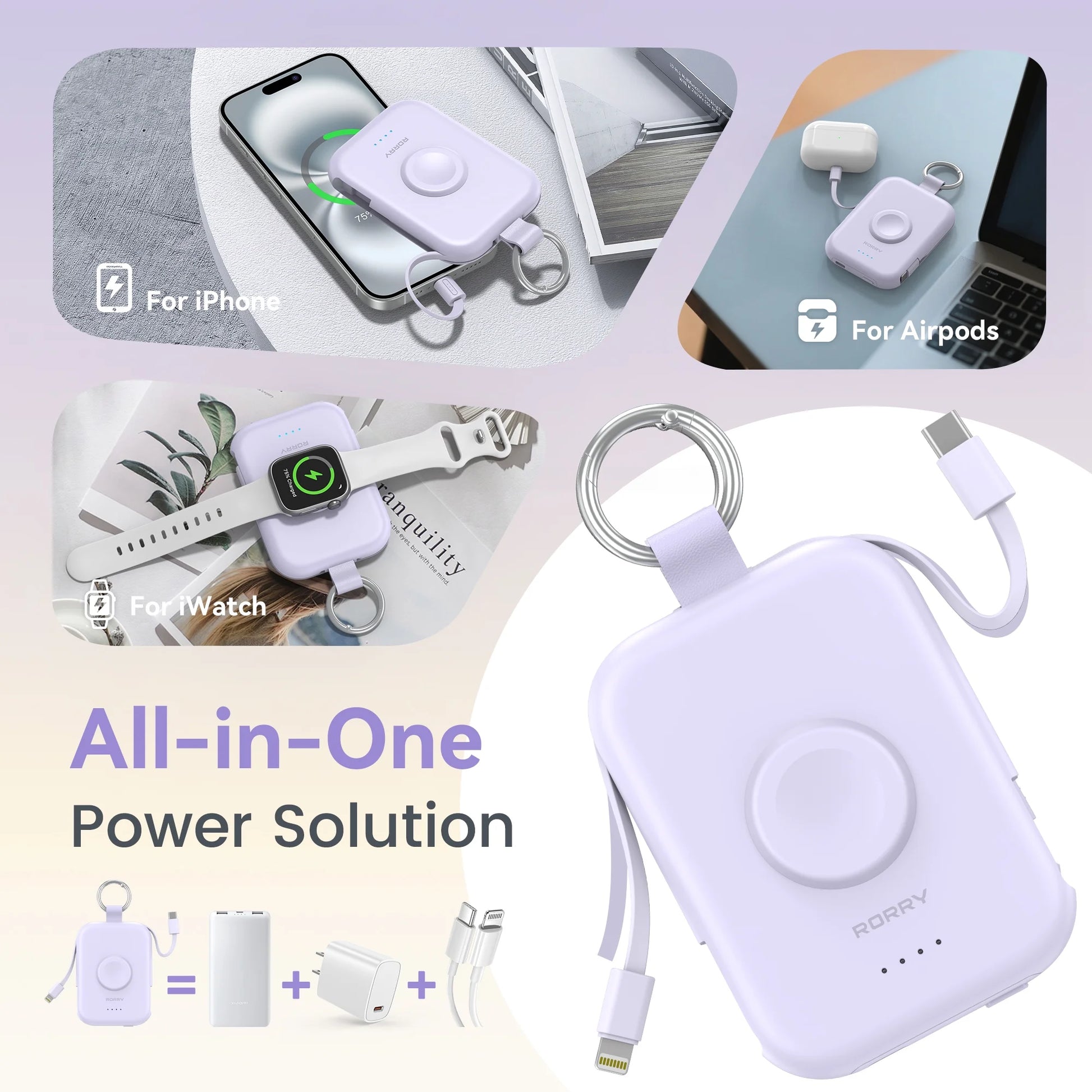 Portable Charger, 5000Mah Power Bank - Apple Watch Charger with Built-In Cables,Travel-Ready Portable Charger for Iphone 17/ 16/15/14 ,Android ,Apple Watch Ultra2/11/10/9/8, Purple