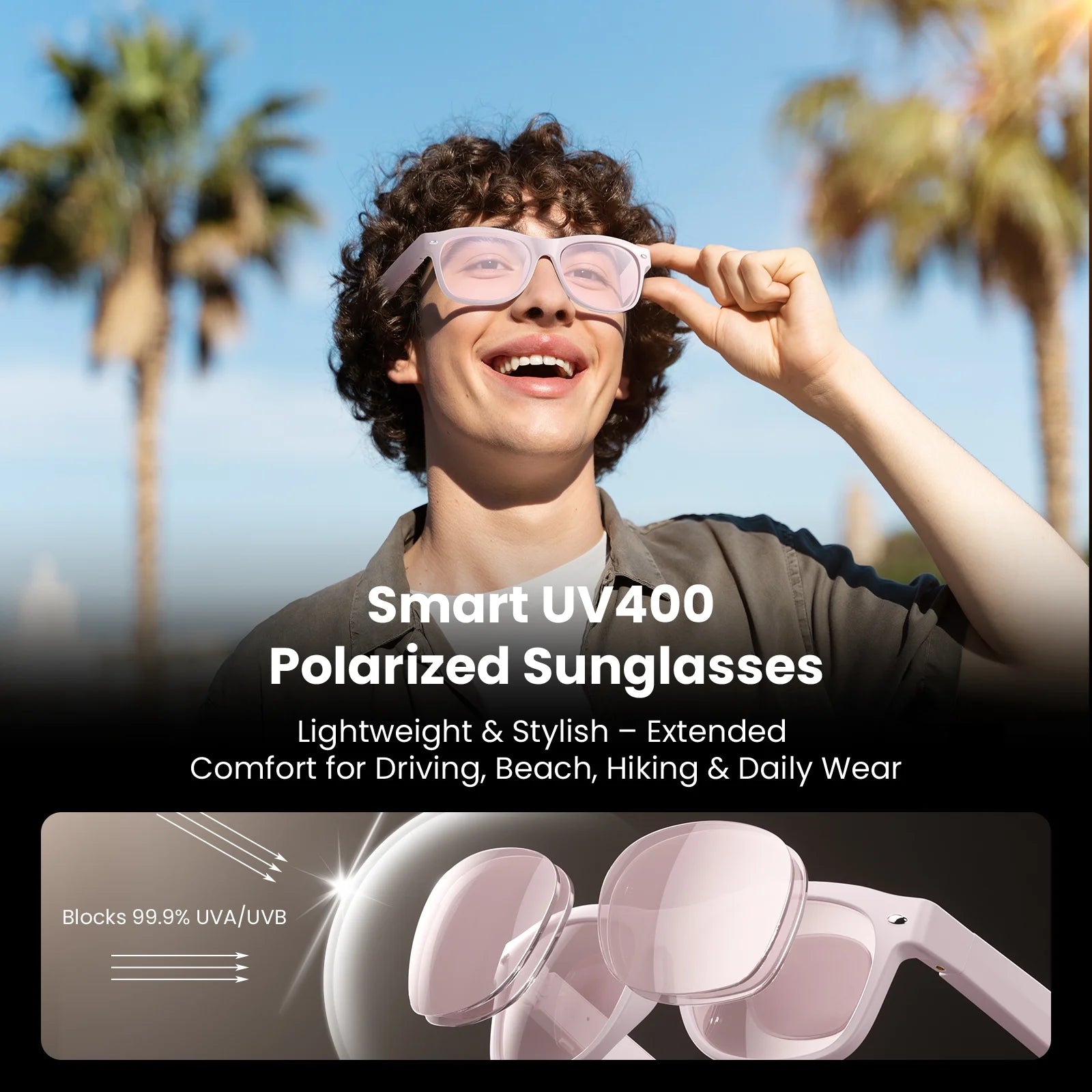 Weariq Bluetooth Smart Glasses – Beige Audio Sunglasses with Lightly Tinted Polarized Lenses, Open-Ear Speaker, 10-Hour Playtime, Hands-Free Calls & Music