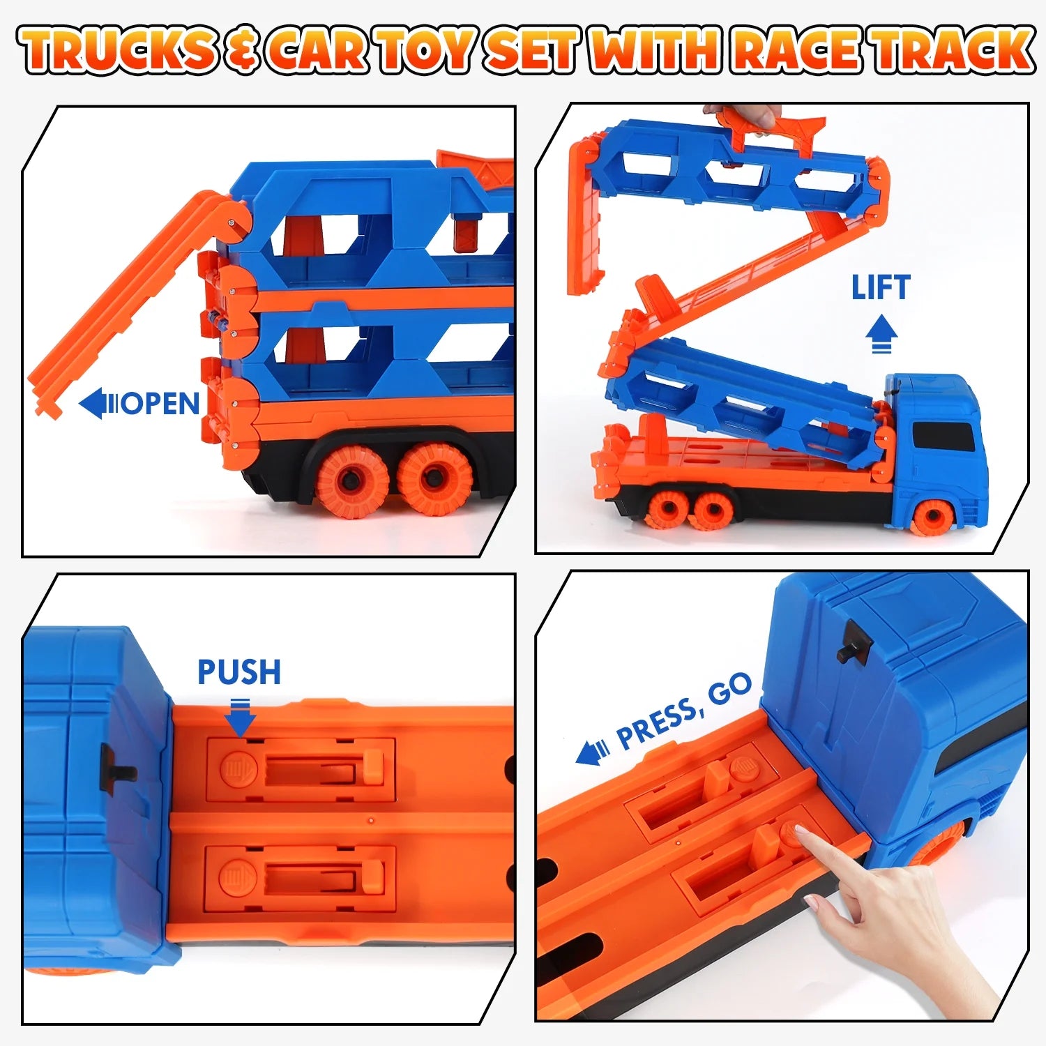 Toy Trucks Cars for Toddlers, Transport Truck Car Toys, Toddler Toys for 2 3 4 Years Old Boys, Carrier Truck Toy Cars for Toddlers with 6 Toy Racing Cars, 61" Race Track, Kids Toys for Boys Girls