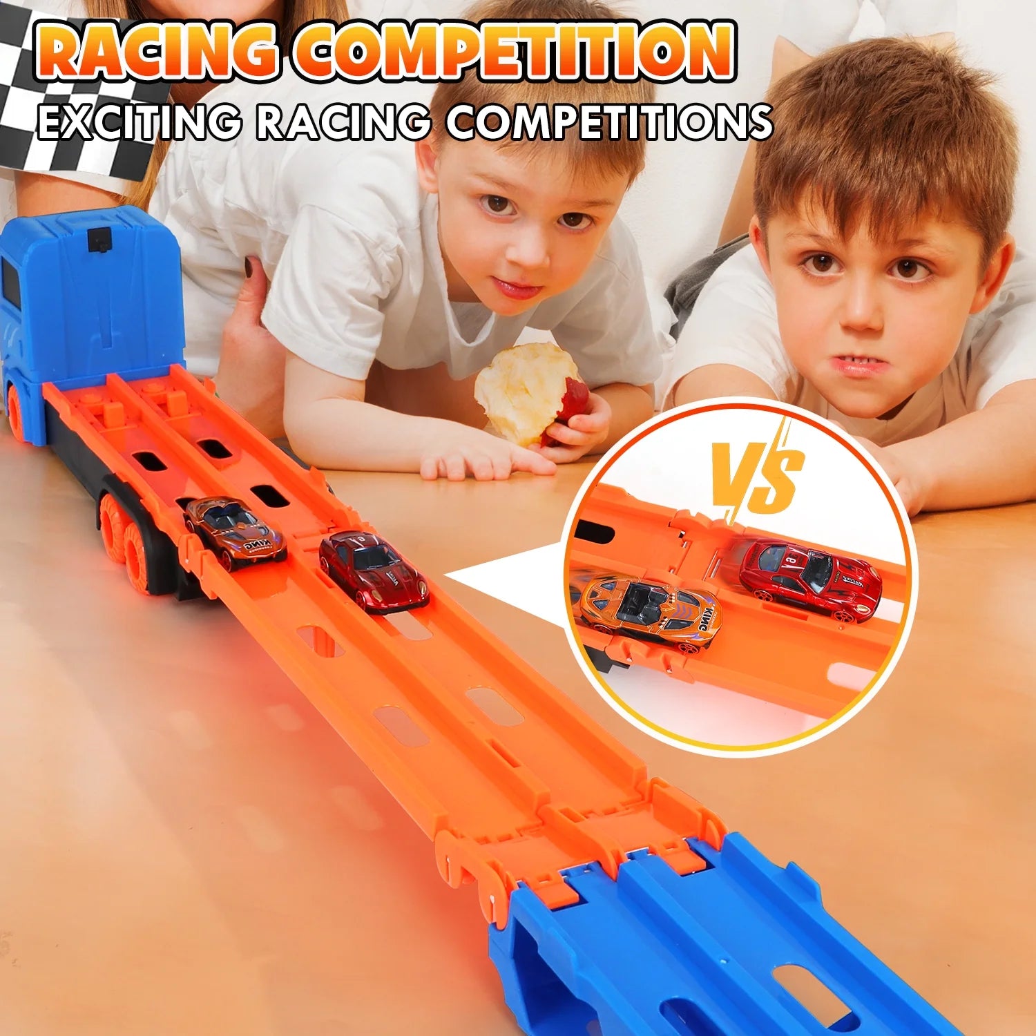 Toy Trucks Cars for Toddlers, Transport Truck Car Toys, Toddler Toys for 2 3 4 Years Old Boys, Carrier Truck Toy Cars for Toddlers with 6 Toy Racing Cars, 61" Race Track, Kids Toys for Boys Girls