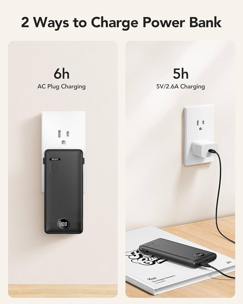 (4Wp)Black VRURC 10000Mah Power Bank Portable Charger Built-In Cables & AC Plug