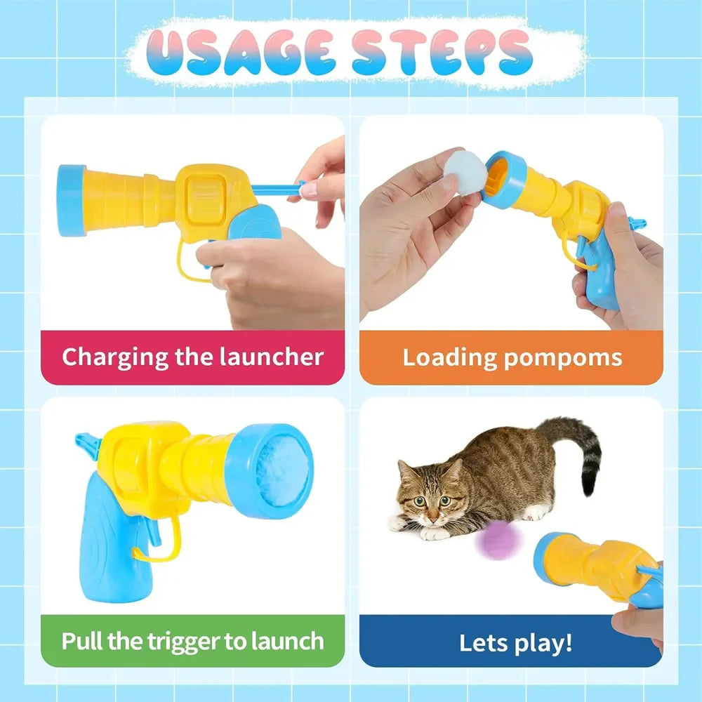 Interactive Plush Ball Shooting Gun Toy for Cats - Mini Pompom Launcher for Self-Play and Indoor Entertainment