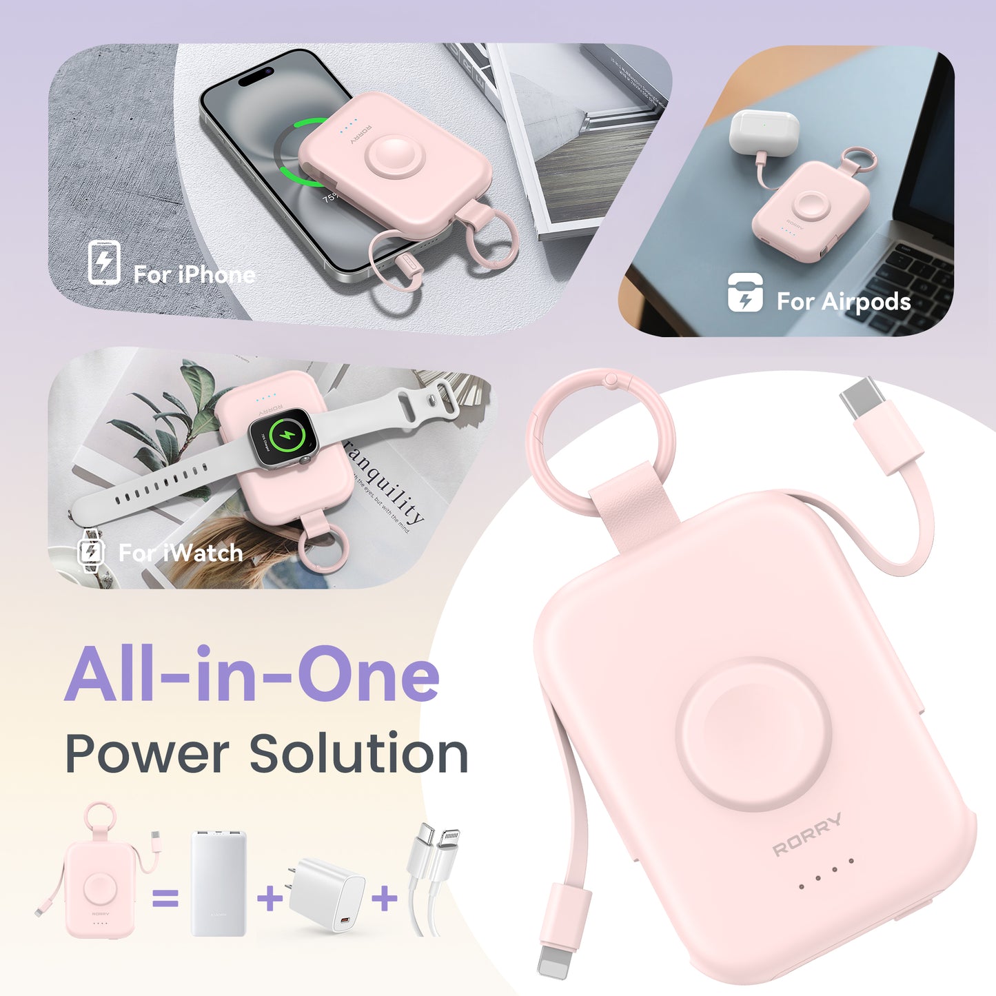 Portable Charger, 5000Mah Power Bank - Apple Watch Charger with Built-In Cables,Travel-Ready Portable Charger for Iphone 17/ 16/15/14 ,Android ,Apple Watch , Pink with Pink Keychain