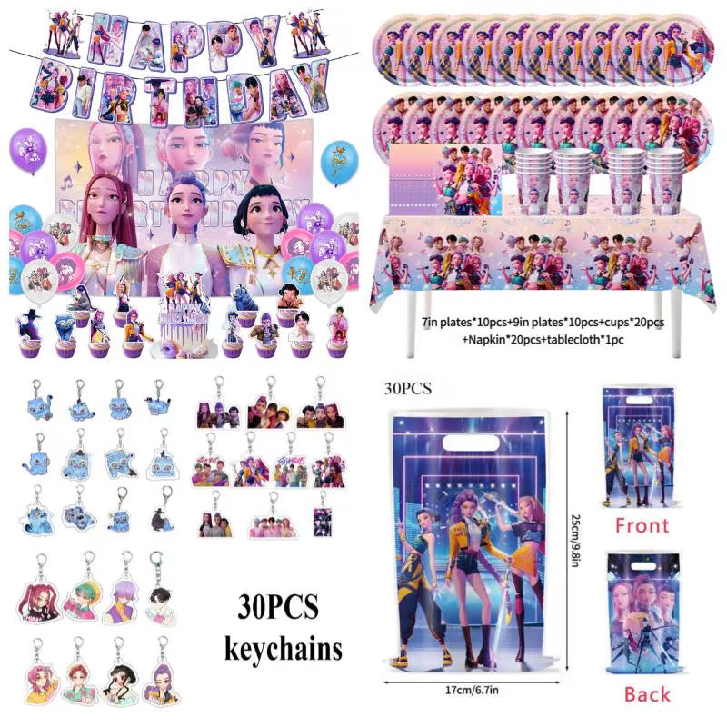 Kpop Demon Birthday Party Decoration Hunter Group Birthday Party Supplies Huntrix Kpop Anime Cake Topper Balloons Hanging Flag