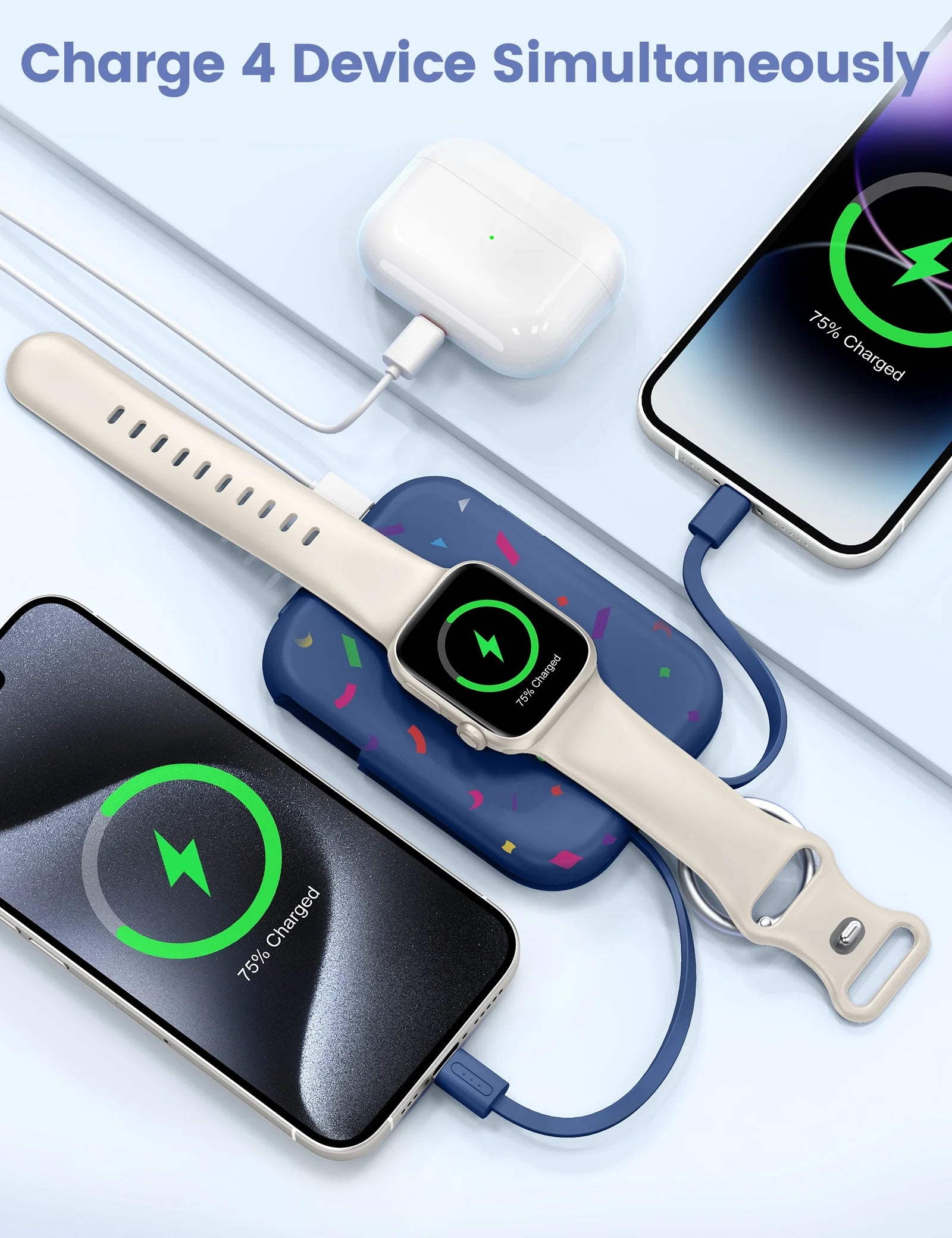 Portable Charger, 5000Mah Power Bank - Apple Watch Charger with Built-In Cables,Travel-Ready Portable Charger for Iphone 17/ 16/15/14 ,Android ,Apple Watch Ultra2/11/10/9/8, Confetti-Blue