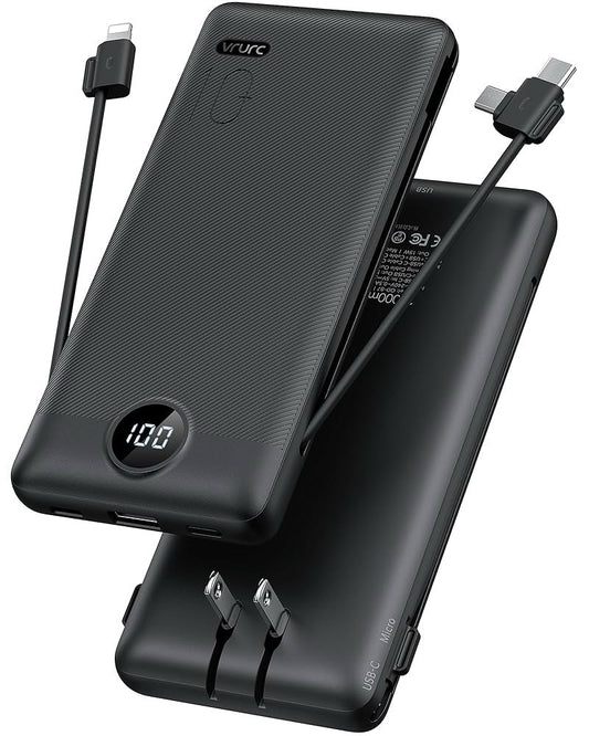 (4Wp)Black VRURC 10000Mah Power Bank Portable Charger Built-In Cables & AC Plug