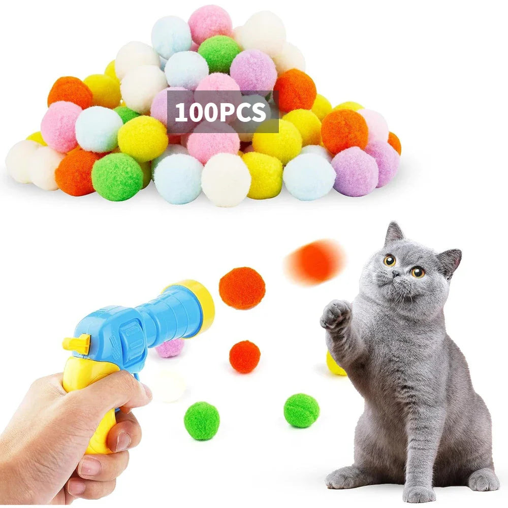 Interactive Plush Ball Shooting Gun Toy for Cats - Mini Pompom Launcher for Self-Play and Indoor Entertainment
