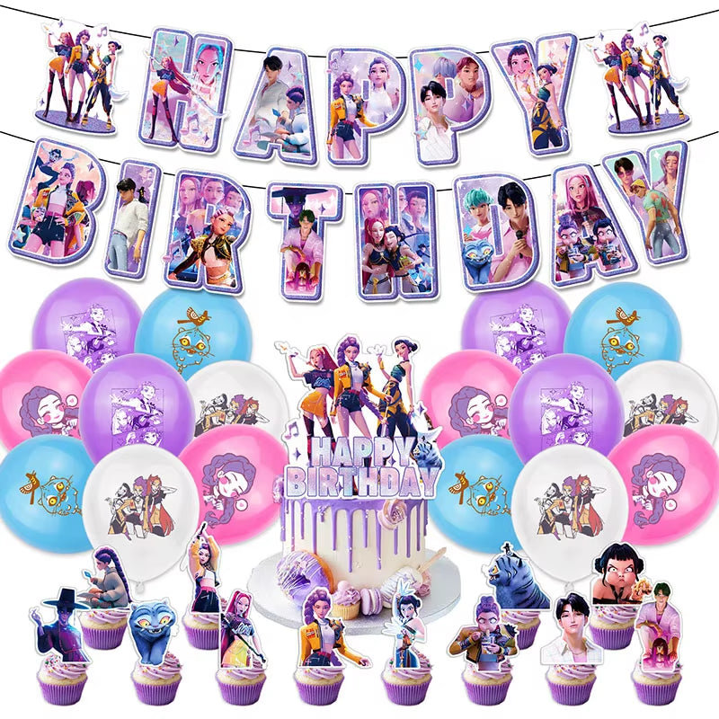 Kpop Demon Birthday Party Decoration Hunter Group Birthday Party Supplies Huntrix Kpop Anime Cake Topper Balloons Hanging Flag
