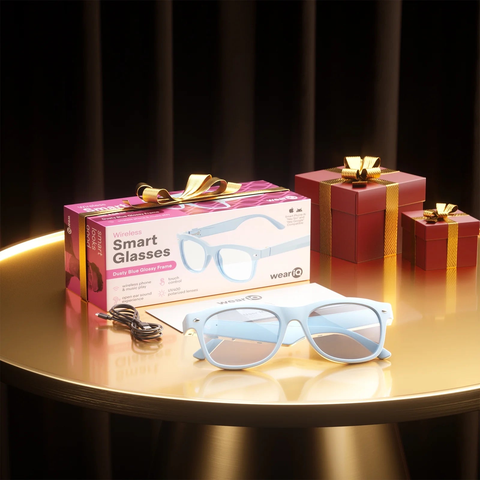 Weariq Bluetooth Smart Glasses – Dusty Blue Audio Sunglasses – Blue Polarized Lenses, Open-Ear Speaker, 10-Hour Playtime, Hands-Free Calls, Voice Assistant