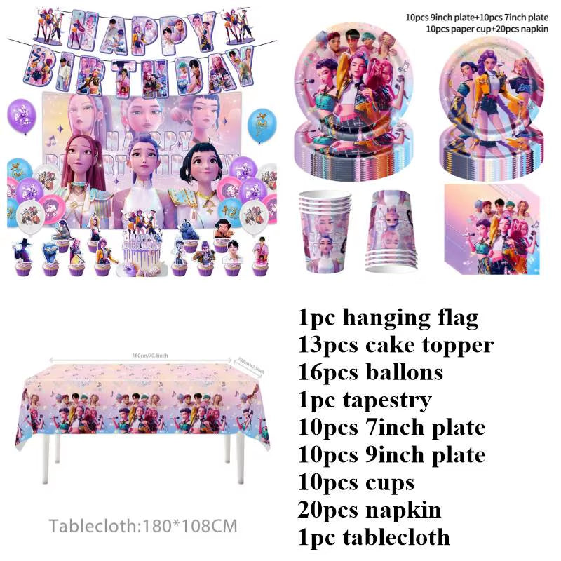 Kpop Demon Birthday Party Decoration Hunter Group Birthday Party Supplies Huntrix Kpop Anime Cake Topper Balloons Hanging Flag