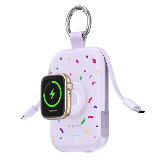 Portable Charger, 5000Mah Power Bank - Apple Watch Charger with Built-In Cables,Travel-Ready Portable Charger for Iphone 17/ 16/15/14 ,Android ,Apple Watch Ultra2/11/10/9/8, Confetti-Purple