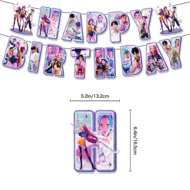 Kpop Demon Birthday Party Decoration Hunter Group Birthday Party Supplies Huntrix Kpop Anime Cake Topper Balloons Hanging Flag