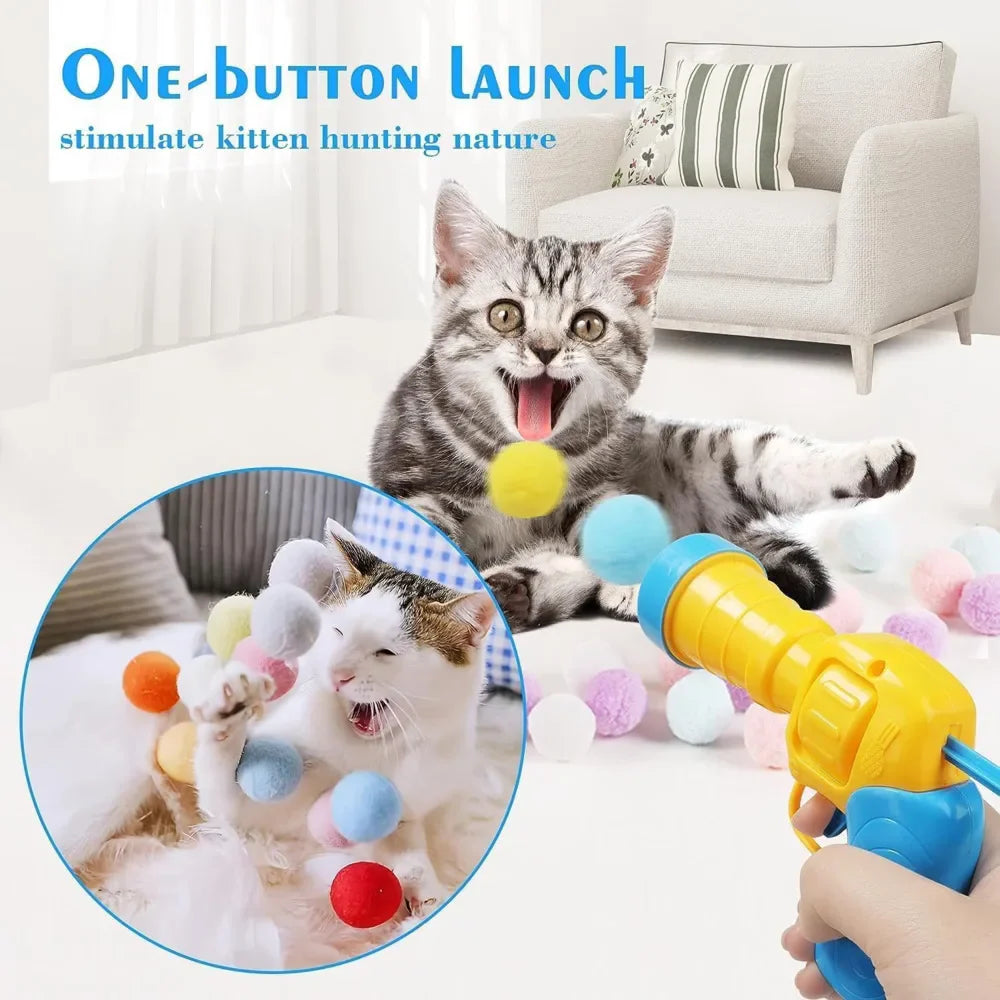 Interactive Plush Ball Shooting Gun Toy for Cats - Mini Pompom Launcher for Self-Play and Indoor Entertainment