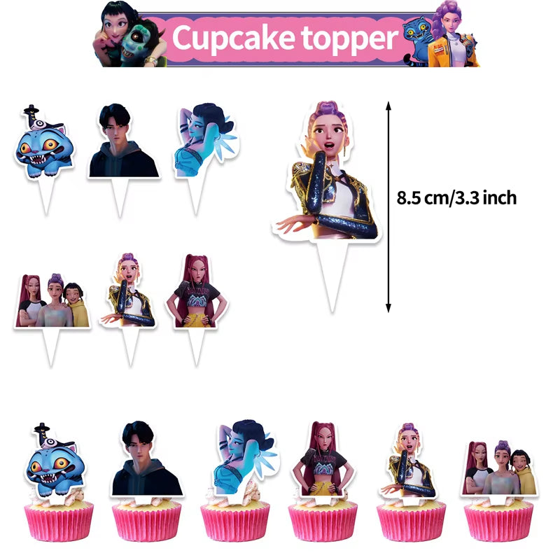 Kpop Demon Birthday Party Decoration Hunter Group Birthday Party Supplies Huntrix Kpop Anime Cake Topper Balloons Hanging Flag