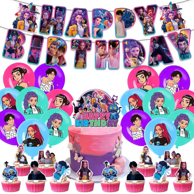 Kpop Demon Birthday Party Decoration Hunter Group Birthday Party Supplies Huntrix Kpop Anime Cake Topper Balloons Hanging Flag