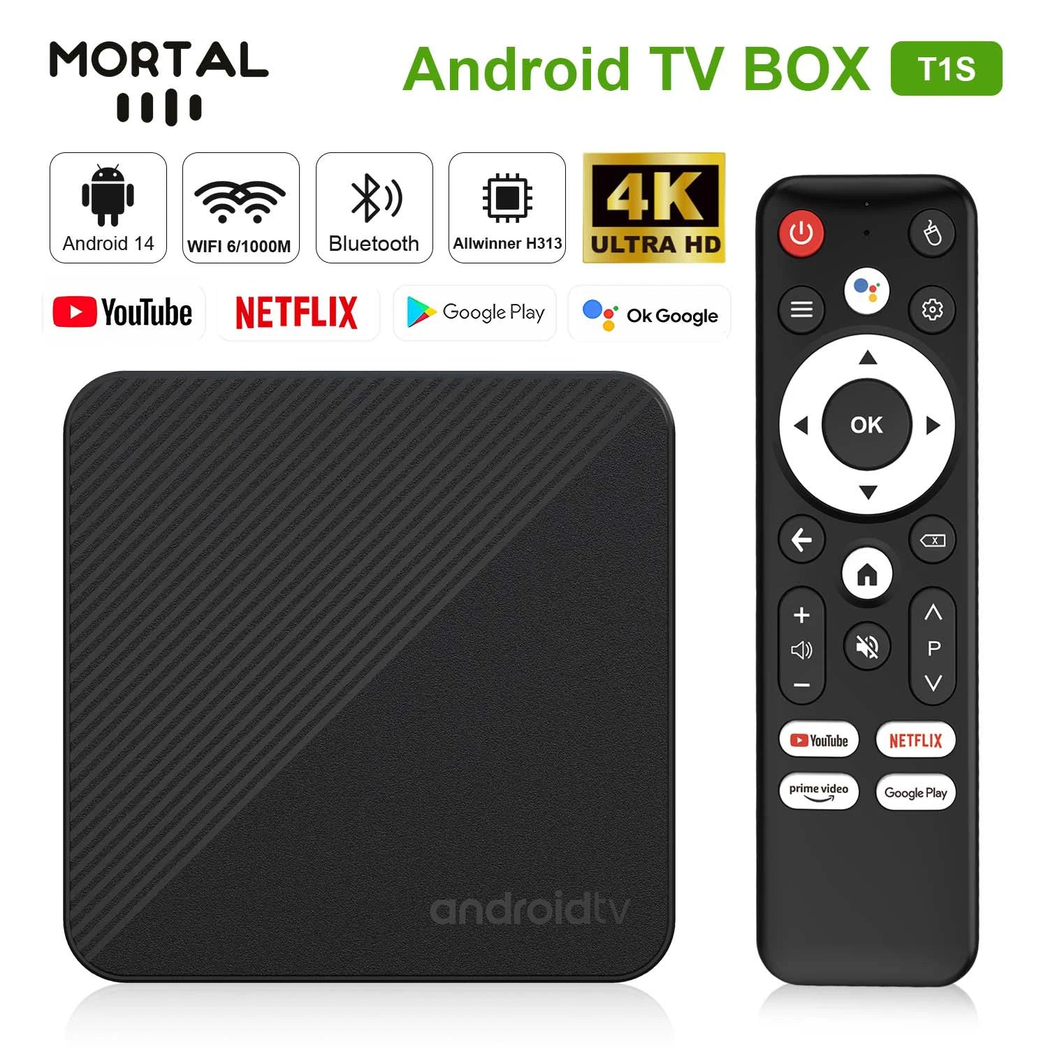 Android14 TV Box Smart 4K Home Theater T1S Allwinnerh313 Netflix Youtube Wifi6 1000M Lan Bluetooth Chromecast Voice Assistant